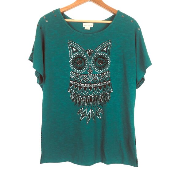 Tru Self Tops - Tru Self Women's Geometric Owl Print Teal T-Shirt Sz Medium Silver Studs Tribal